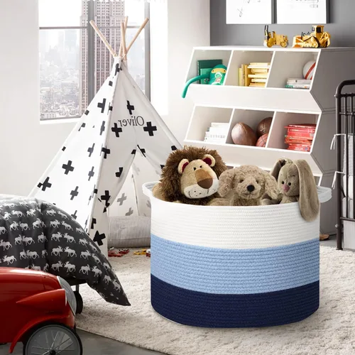 Miniatura 3 de MEGASKET Cesta grande de juguetes para niños, cesta tejida suave de cuerda de algodón de 22" x 14", cesta de almacenamiento para juguetes para Azul