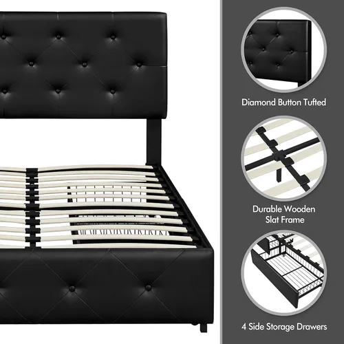Miniatura 30 de Topeakmart Base de cama de plataforma tapizada tamaño Queen con cabecera ajustable en altura y 3 cajones de almacenamiento, base de colchón de piel