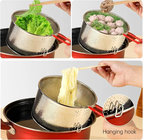 Colador de acero inoxidable, colador de pasta de metal microperforado con gancho y mango extraíble, colador colador colador para cocina papas