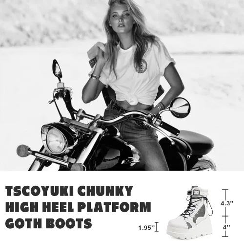 Miniatura 3 de Tscoyuki Botines de plataforma para mujer botines de tacón alto gruesos botas de combate góticas botas de combate para mujer con cordones cuñas