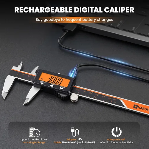 Miniatura 2 de HARDELL Calibre digital, herramienta de medición de pinza recargable de 6 pulgadas con pantalla naranja grande (sin retroiluminación), micrómetro