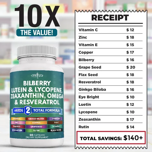 Miniatura 5 de NEW AGE Vitaminas para la salud ocular con arándano, luteína y zeaxantina, licopeno, resveratrol, extracto de semilla de uva, astaxantina, vitamina