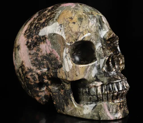 Miniatura 9 de Skullis Calavera de cristal de rodonita rosa y negra, escultura de arte fino de piedras preciosas talladas a mano, estatua de piedra curativa