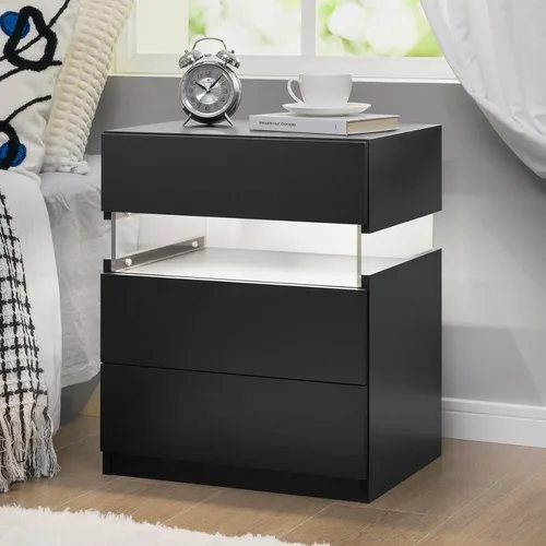 Miniatura 17 de Bingoday Moderna mesita de noche LED con 3 cajones, mesita de noche con luces LED ajustables, mesa auxiliar de almacenamiento grande para Blanco