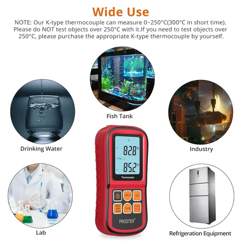 Miniatura 7 de Proster tester medidor de temperatura con retroiluminación LCD de dos canales con termómetro y termopar digital para clase K/J/T/E/R/S/N, con dos