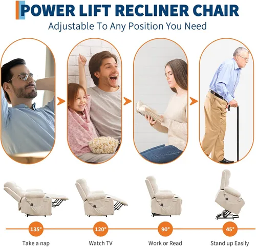 Miniatura 7 de Silla reclinable eléctrica para personas mayores con masaje y calor, reclinables eléctricos de gran tamaño, asiento de cine en casa con 2 portavasos