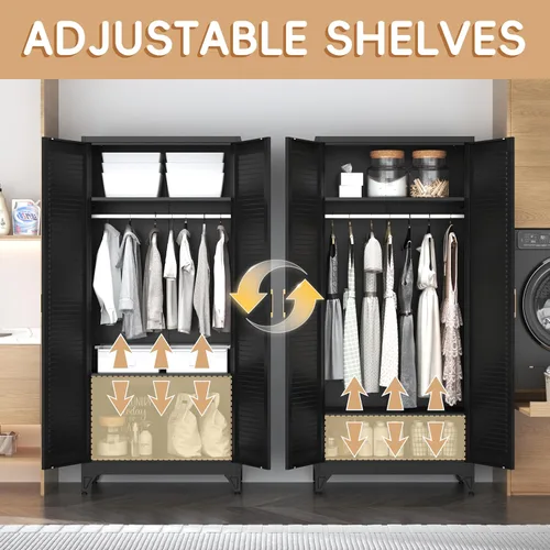 Miniatura 5 de SteeLoong Armario de metal de 71 pulgadas con barra para colgar, armario con puertas y estantes ajustables, armarios de almacenamiento de ropa negra