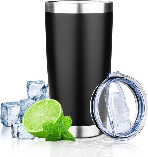 Miniatura 20 de Vaso de 20 onzas con tapa, taza de café de viaje de doble pared aislada al vacío, taza térmica de acero inoxidable con recubrimiento en polvo, vaso
