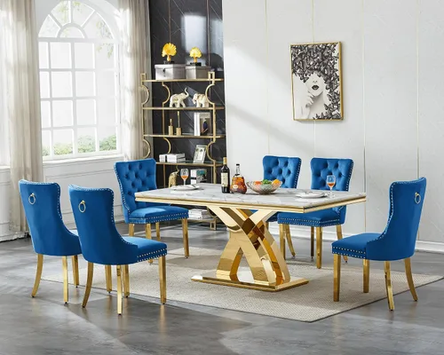 Miniatura 22 de Henf Juego de mesa de comedor de mármol sintético de 68 pulgadas para 6, juego de mesa de comedor de 7 piezas con 6 sillas copetudas de terciopelo