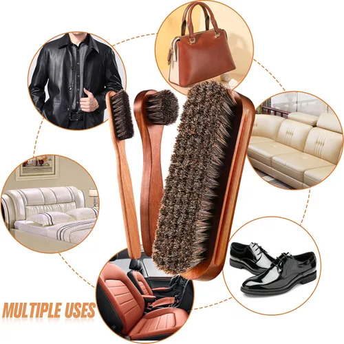 Miniatura 5 de Kit de 4 cepillos para zapatos de pelo de caballo, aplicadores de limpieza de piel, botas, cepillos de cuidado de gamuza con paño de microfibra