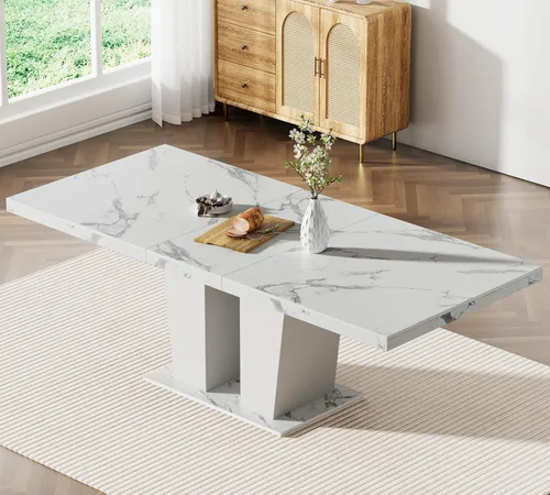 Miniatura 4 de Juego de 6 mesas de comedor extensibles de 62.99 a 78.74 pulgadas, mesa de comedor blanca y 6 sillas de comedor de terciopelo beige con patas