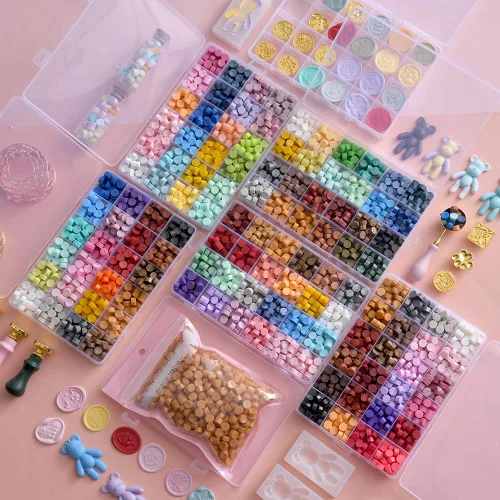 Miniatura 5 de 1200 cuentas surtidas para sellos de cera, cuentas de cera de sellado Andotopee para sellos de sellos, pellets de colores de 48 colores, negro
