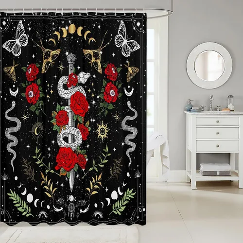 Miniatura 2 de Castle Fairy Cortinas de ducha exóticas de serpiente salvaje, cortina de baño bohemia con sol y luna, juego de decoración de baño romántica rosa