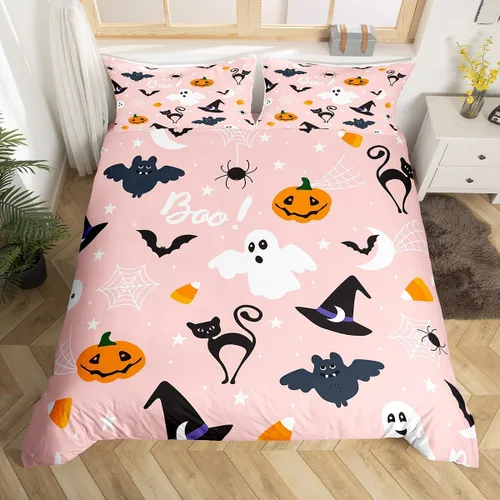 Miniatura 21 de Juego de ropa de cama de Halloween, funda de edredón gótica de murciélagos negros con telarañas, funda de edredón individual, diseño de arañas