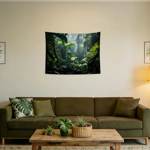 Miniatura 9 de QGHOT Tapiz de selva para colgar en la pared, telón de fondo de selva tropical con hojas de palmera verde, arte de pared de bosque extra grande