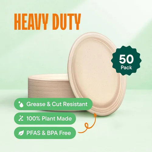Miniatura 2 de Platos de papel ovalados 100% de composta [10 pulgadas – 50 unidades] Elegante plato desechable de alta calidad, bagazo natural sin blanquear