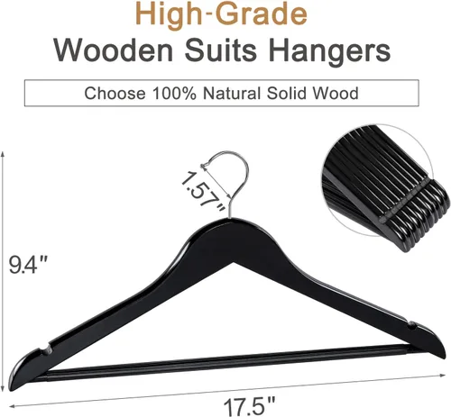 Miniatura 2 de TOPIA HANGER Perchas de madera para abrigos, paquete de 30 perchas de madera negra con barra antideslizante para pantalones, gancho giratorio