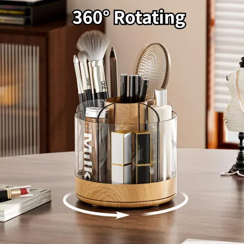 Miniatura 4 de Soporte para brochas de maquillaje giratorio de 360° con 6 ranuras de almacenamiento de múltiples compartimentos, organizador giratorio acrílico