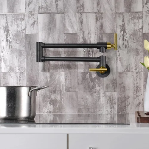 Miniatura 7 de SUMERAIN Grifo de llenado de olla para montaje en pared, grifo de cocina negro y dorado, brazos oscilantes de doble articulación, dos manijas