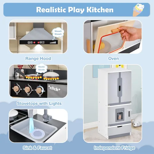 Miniatura 2 de Costzon Cocina de juego de 2 piezas, juego de cocina de juguete de madera con refrigerador, máquina de hielo, campana extractora, horno