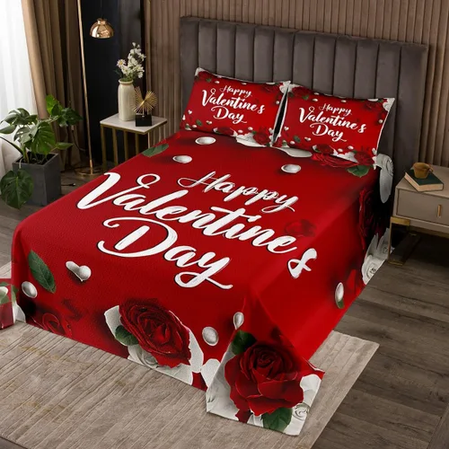 Miniatura 5 de Juego de ropa de cama de regalo para el día de San Valentín, tamaño individual, diseño de pétalos de rosa roja, 2 piezas para mujeres, hombres