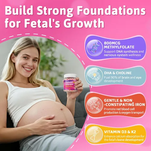 Miniatura 4 de Vitaminas prenatales para mujeres, gomitas de vitaminas prenatales 37 en 1 con DHA, colina, hierro, metilfolato, vitamina D3 C B12 B6, apoyo