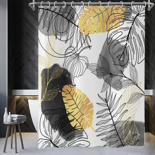 Cortina de ducha bohemia y chic, cortina de baño moderna con hojas tropicales abstractas y ramas botánicas doradas, para decoración del hogar, tela