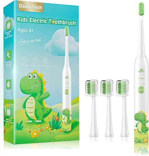 Cepillo de dientes eléctrico recargable para niños de 3-5-6-12-18 años, cepillo de dientes de dinosaurio para niños con temporizador, 3 modos, 4