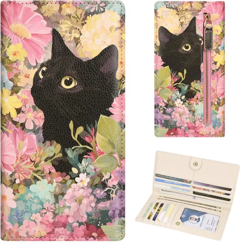 Miniatura 34 de Billetera para mujer, billetera RFID extradelgada, bolso plegable de cuero, con 11 ranuras para tarjetas y ventana de identificación, lindo monedero