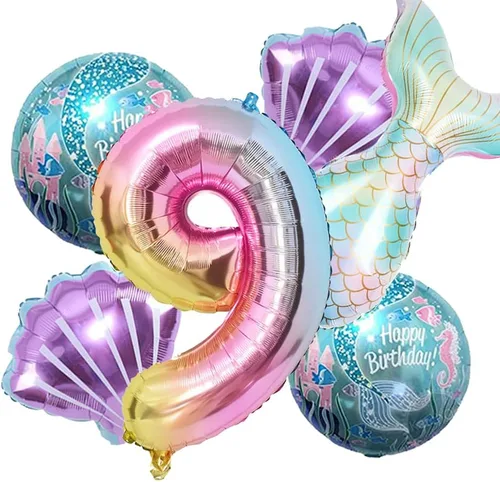 Miniatura 8 de Kit de decoración de cumpleaños de sirena sdquskin: 6 globos verdes de sirena (número 1) para niñas