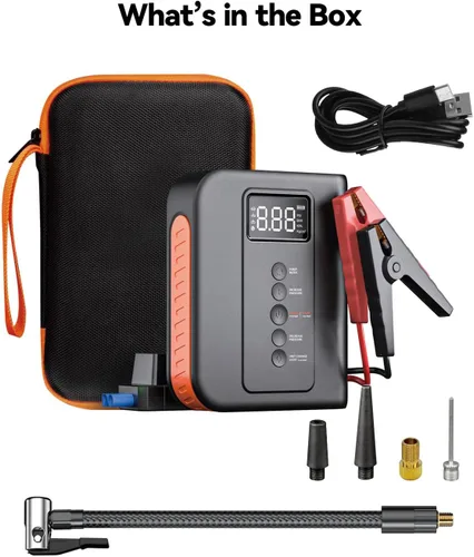 Miniatura 8 de Arrancador de batería con compresor de aire para automóvil, paquete de energía portátil de 10000mAh 150PSI inflador de neumáticos, carga USB, luz