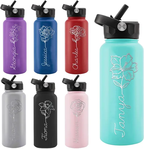 Miniatura 16 de Personalized Water Bottles, Custom Water Bottle with Birth Month Flower Personalized Text Names, Gifts for Women, Customized Engraved Stainless