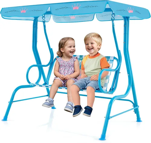 Miniatura 12 de GLACER Columpio de porche, hamaca de patio para niños con toldo ajustable y soporte, cinturón de seguridad, banco de columpio para exteriores de 2