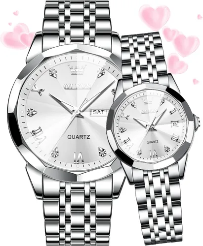 OLEVS Reloj para parejas para él y ella, reloj analógico de cuarzo para hombres y mujeres, de acero inoxidable, impermeable, luminoso, fecha, reloj