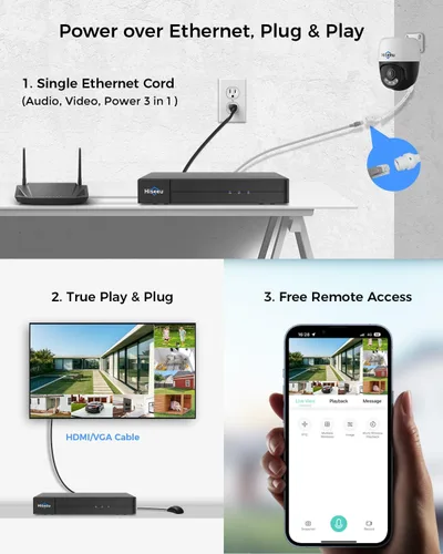 Miniatura 8 de Sistema de cámaras de seguridad Hiseeu 4K PoE [Vista 4K+360°], 8 piezas de cámara PTZ PoE de 8MP con cable para exteriores, detección de personas