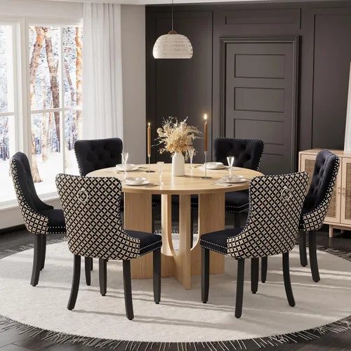 Miniatura 29 de Mesa de comedor redonda de 47 pulgadas para juego de mesa de cocina rústica de 6,7 piezas, mesa de comedor de granja, sillas negras de alta gama
