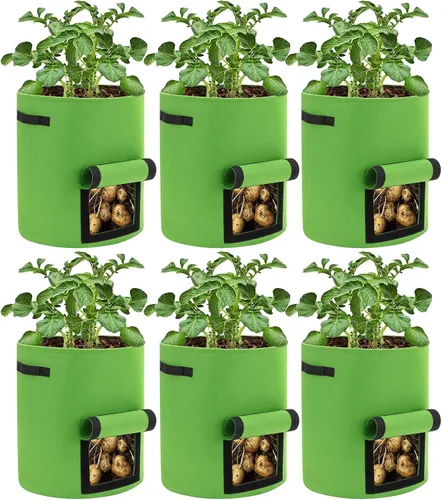 Miniatura 11 de Paquete de 6 bolsas de cultivo de papas, bolsas de plantación de 10 galones, macetas grandes de tela con ventana de solapa, maceta de jardín, Negro