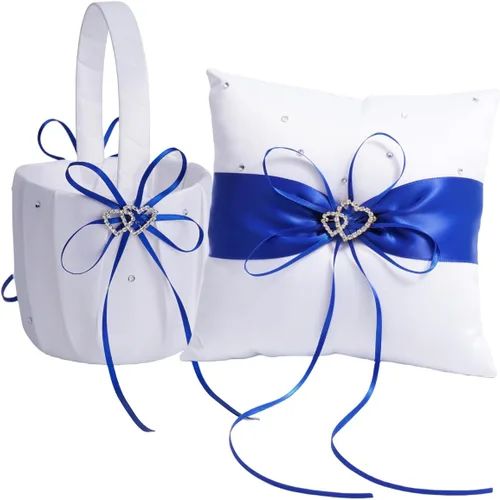 QIRMIZI Juego de almohada para anillo de boda y cesta para niña de las flores, adornado con diamantes de imitación, satén blanco, azul
