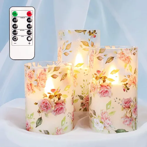 Miniatura 3 de Velas sin llama con tema de amor en forma de rosa, operadas por batería, de vidrio, parpadean, LED, con control remoto, con calcomanía de flores