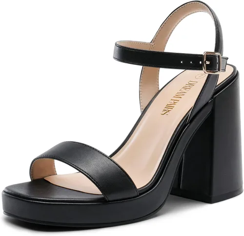 DREAM PAIRS Tacones para mujer, plataforma gruesa, tacón alto, puntera abierta, moda, boda, fiesta, noche, baile, correa de tobillo, zapatos de tacón