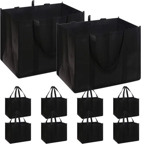 DIOMMELL Juego de 10 bolsas reutilizables para la compra, extra grandes, plegables, resistentes, con asas reforzadas, para productos, color negro