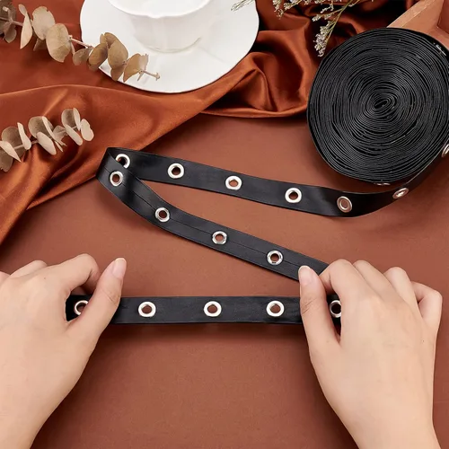 Miniatura 6 de PH PandaHall Cinta de ojal negra de 9 yardas, 0.8 pies de ancho, cinta de piel sintética con ojales de latón, ribete de sarga para costura, corsé