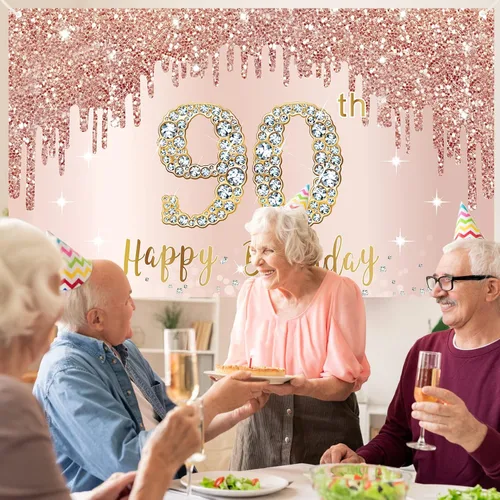Miniatura 5 de Cartel de feliz cumpleaños 90 para mujer, decoración de fondo para fiesta de cumpleaños de 90 años de oro rosa, póster de cumpleaños de 90 años