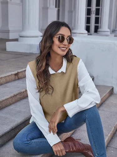 Miniatura 5 de Verdusa Chaleco de suéter sin mangas con cuello redondo dividido para mujer