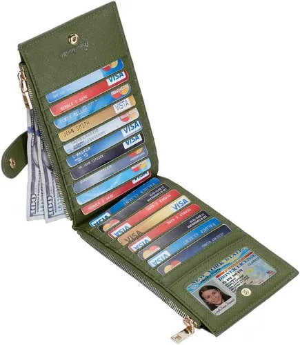 Miniatura 2 de Travelambo Billetera para mujer con bloqueo RFID plegable para múltiples tarjetas con bolsillo con cremallera, Ejército Verde 7224, Minimalista