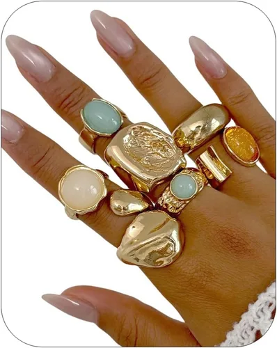 Juego de anillos vintage gruesos de oro para mujer, coloridos anillos apilables de piedra acrílica para nudillos, únicos de cúpula gruesa