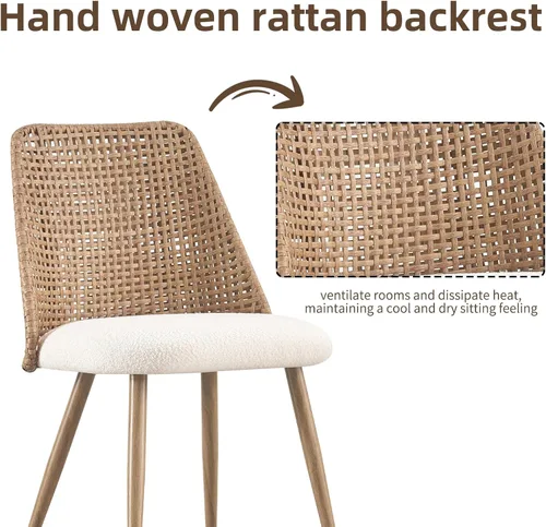 Miniatura 3 de Juego de 4 sillas de comedor de ratán, sillas modernas tapizadas de bouclé para cocina con respaldo de caña de PE y patas de metal