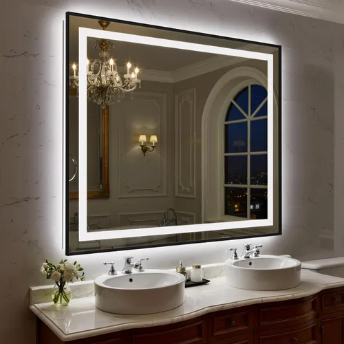 Miniatura 12 de Espejo de baño LED de 24 x 32 pulgadas con luces, espejo de tocador de baño con marco negro con luz frontal + retroiluminación para pared, vidrio
