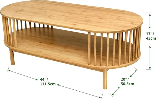 Miniatura 3 de VaeFae Mesa auxiliar ovalada, mesa de centro de bambú para sala de estar, mesa central de granja de 2 niveles con estante de almacenamiento