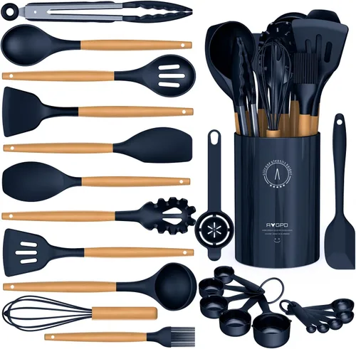 AVGPD - Juego de utensilios de cocina de silicona para cocinar asas de madera, resistentes al calor de 446 °F, utensilios de cocina antiadherentes,